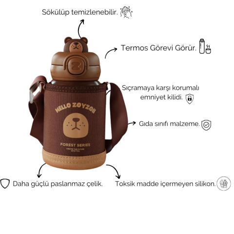 Zoyzoii Animal Serisi Çelik Termos Su Matarası / Bear