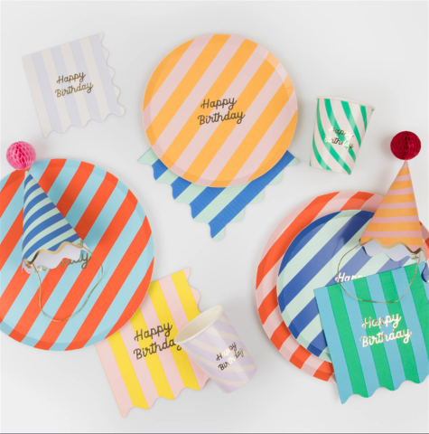 Meri Meri - Stripe Happy Birthday Large Napkins - Çizgili Happy Birthday Peçeteler (L) (X16)