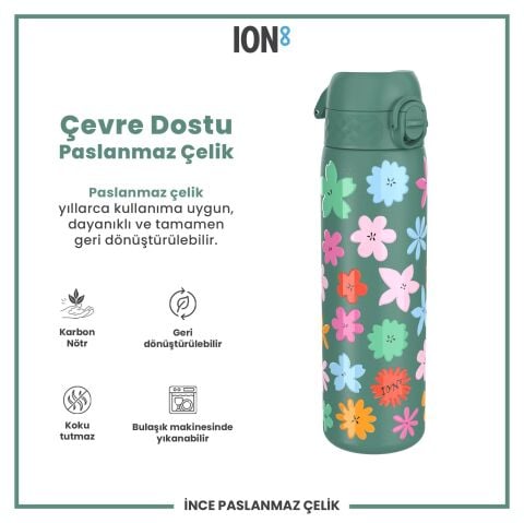 Ion8 - Paslanmaz Çelik İnce Suluk - Çiçekli - 600 ml - Sızdırmaz