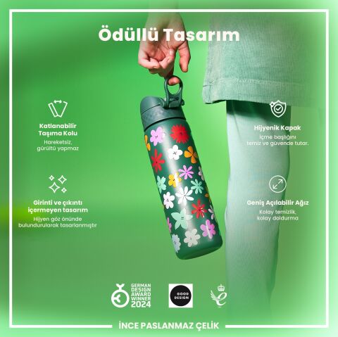 Ion8 - Paslanmaz Çelik İnce Suluk - Çiçekli - 600 ml - Sızdırmaz