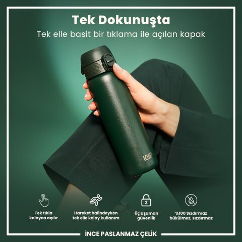 Ion8 - Paslanmaz Çelik İnce Suluk - Koyu Yeşil - 600 ml - Sızdırmaz