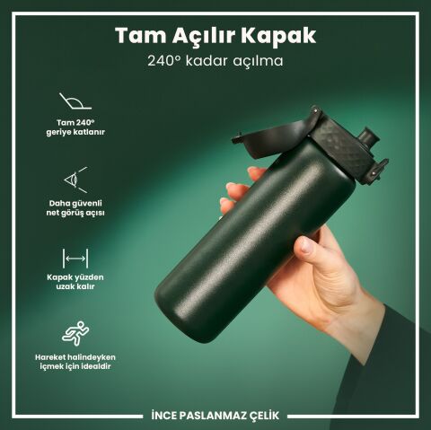 Ion8 - Paslanmaz Çelik İnce Suluk - Koyu Yeşil - 600 ml - Sızdırmaz