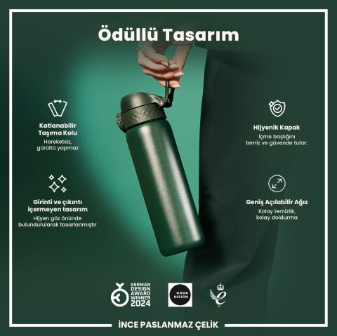 Ion8 - Paslanmaz Çelik İnce Suluk - Koyu Yeşil - 600 ml - Sızdırmaz