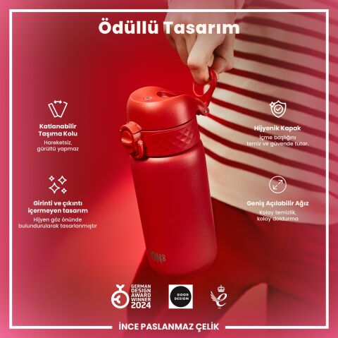 Ion8 - Paslanmaz Çelik Çocuk Suluk - Kırmızı - 400 ml - Sızdırmaz