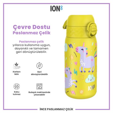 Ion8 - Paslanmaz Çelik Çocuk Suluk - Sarı Unicorn - 400 ml - Sızdırmaz