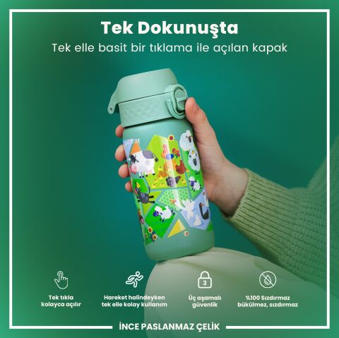 Ion8 - Paslanmaz Çelik Çocuk Suluk - Çiftlik Hayvanları - 400 ml - Sızdırmaz