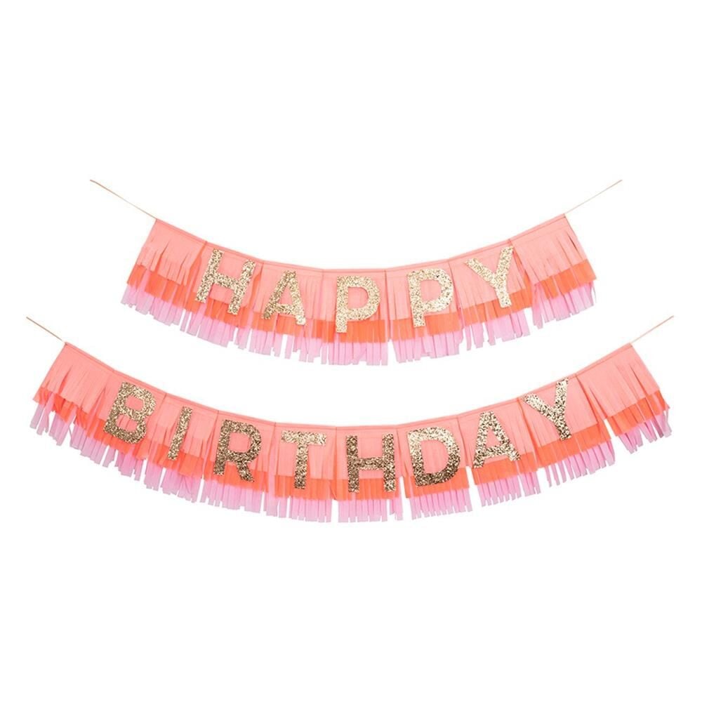 Meri Meri - Pink Happy Birthday Fringe Garland - Happy Birthday Pembe Püsküllü Asılan Süs