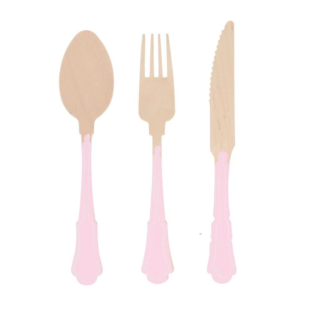 Meri Meri - Ahşap Çatal-Kaşık-Bıçak Set - Pembe Çizgili - 24 Adet