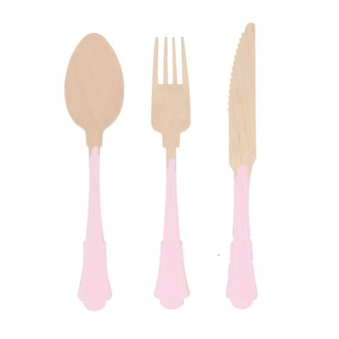 Meri Meri - Ahşap Çatal-Kaşık-Bıçak Set - Pembe Çizgili - 24 Adet
