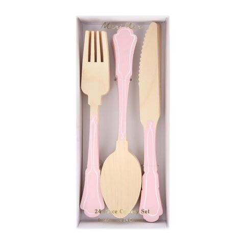 Meri Meri - Ahşap Çatal-Kaşık-Bıçak Set - Pembe Çizgili - 24 Adet