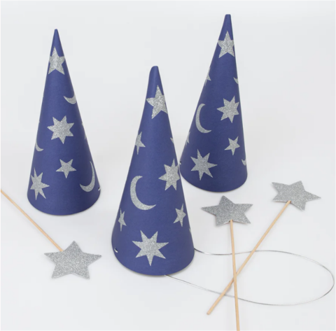 Meri Meri - Wizard Party Hats & Wands - Sihirbaz Parti Şapkaları & Sihirli Değnekler (6'Lı)