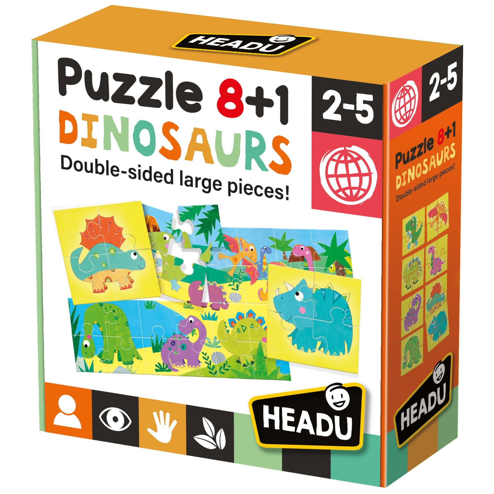 Headu 8+1 Puzzle Dinosaurs (2-5 Yaş Dinozor Çift Taraflı Yapboz)