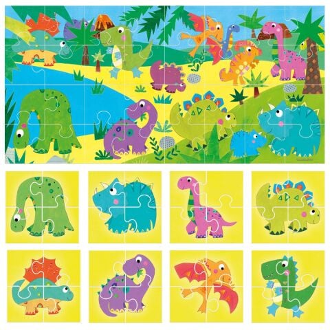 Headu 8+1 Puzzle Dinosaurs (2-5 Yaş Dinozor Çift Taraflı Yapboz)