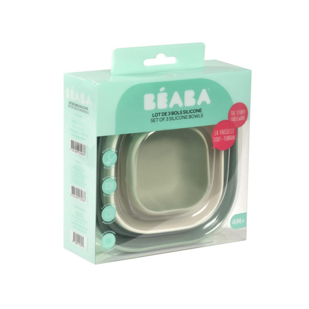 Beaba - 3 Parça Silikon Kase Seti, Sage green/Cotton/Misty green