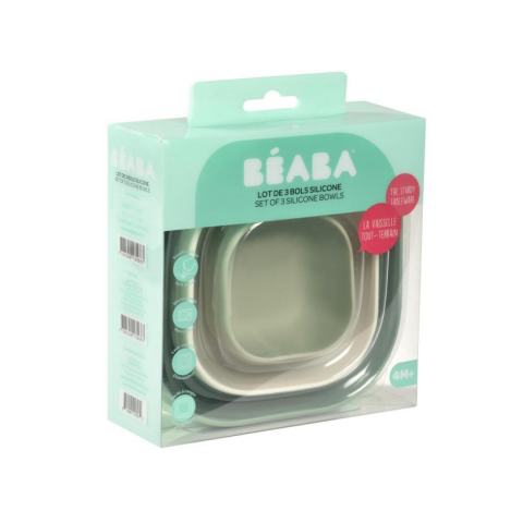 Beaba - 3 Parça Silikon Kase Seti, Sage green/Cotton/Misty green