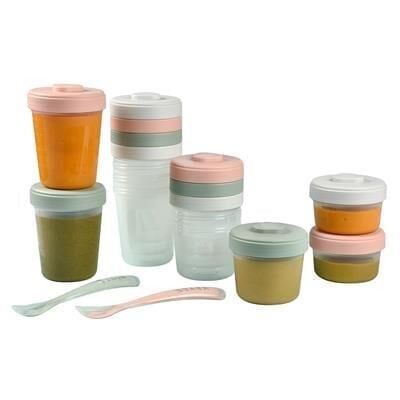 Beaba - 12li Saklama Kabı ve Silikon Kaşık Seti Pink and Grey Lids