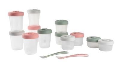 Beaba - 12li Saklama Kabı ve Silikon Kaşık Seti Pink and Grey Lids