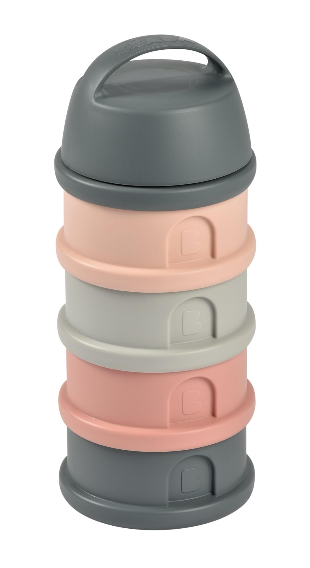 Beaba - 4 Katmanlı süt tozu kutusu ve atıştırmalık kabı (Mineral Grey/ Pink)