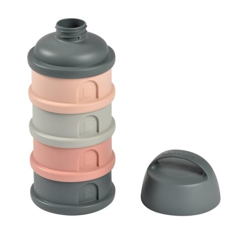 Beaba - 4 Katmanlı süt tozu kutusu ve atıştırmalık kabı (Mineral Grey/ Pink)