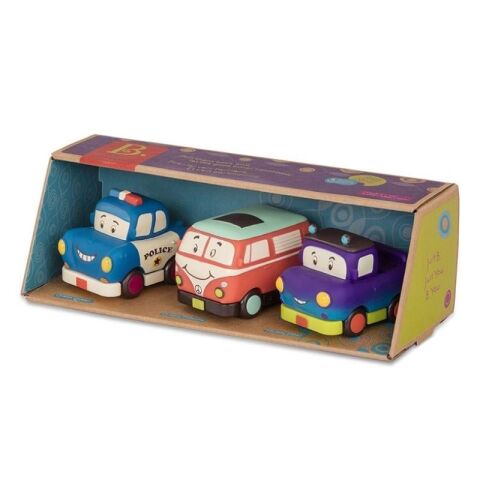 B. Toys 3'lü Mini Çek-Bırak Araba Seti - Polis/Retro Van/Jeep