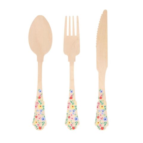 Meri Meri - Ahşap Çatal-Kaşık-Bıçak Set - Çiçekli - 24 Adet