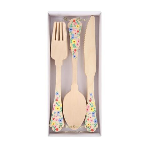 Meri Meri - Ahşap Çatal-Kaşık-Bıçak Set - Çiçekli - 24 Adet