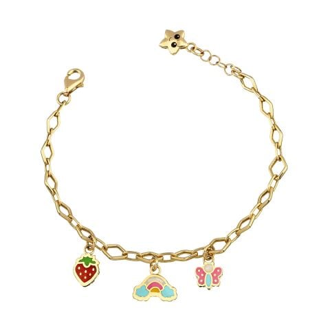 Altın Çilek-Gökkuşağı-Kelebek Zincirli Charm Çocuk Bileklik