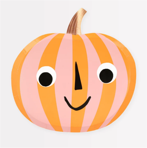 Meri Meri - Pink & Orange Stripy Pumpkin Plates - Pembe & Turuncu Çizgili Balkabağı Tabaklar (8'Li)