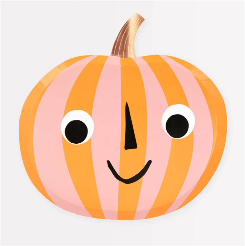 Meri Meri - Pink & Orange Stripy Pumpkin Plates - Pembe & Turuncu Çizgili Balkabağı Tabaklar (8'Li)
