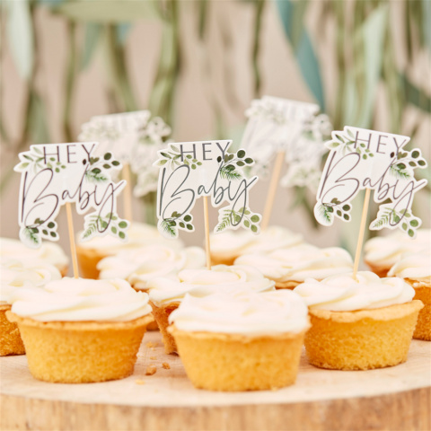 Ginger Ray - Hey Baby Botanical Cupcake Toppers - Hey Baby Botanik Cupcake Süsleri