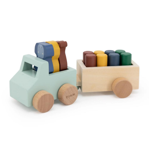 Trixie - Wooden Animal Car With Trailer - Ahşap Oyuncak Kamyon