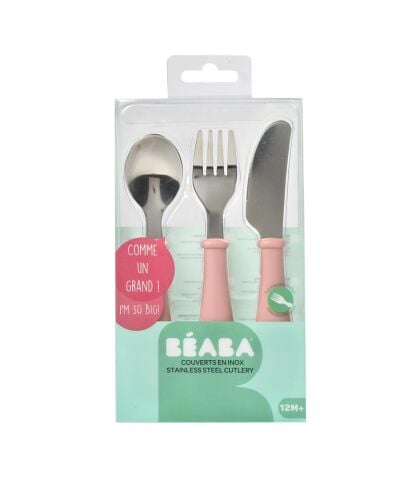 Beaba Paslanmaz Çelik Çatal Bıçak Kaşık Seti - Old Pink