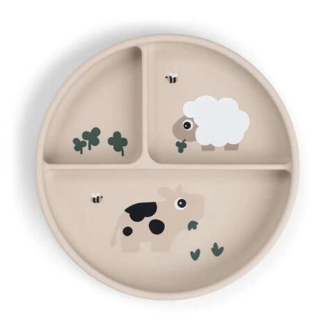 Done by Deer - Tiny Farm - Vakumlu Bölmeli Silikon Tabak - Bej