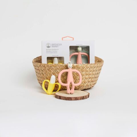 Matchstick Monkey Banana & Monkey Silikon Diş Kaşıyıcı Hediye Seti - Pembe