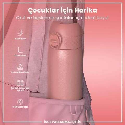 Ion8 - Paslanmaz Çelik İnce Suluk - Gül Pembe - 600 ml - Sızdırmaz