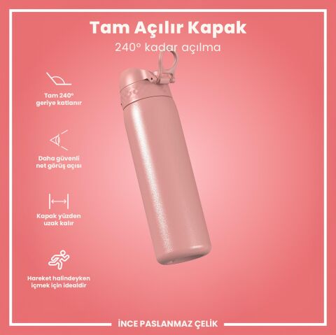 Ion8 - Paslanmaz Çelik İnce Suluk - Gül Pembe - 600 ml - Sızdırmaz