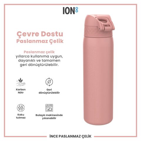 Ion8 - Paslanmaz Çelik İnce Suluk - Gül Pembe - 600 ml - Sızdırmaz