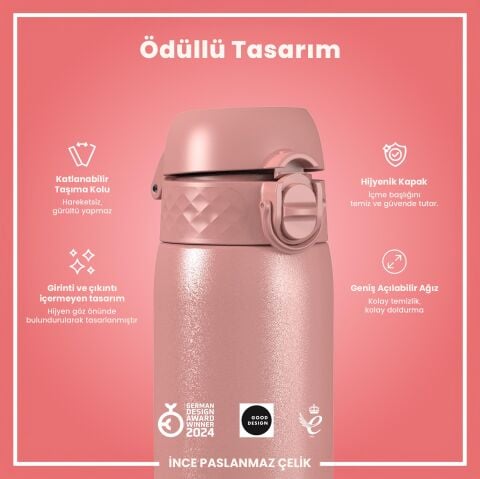 Ion8 - Paslanmaz Çelik İnce Suluk - Gül Pembe - 600 ml - Sızdırmaz