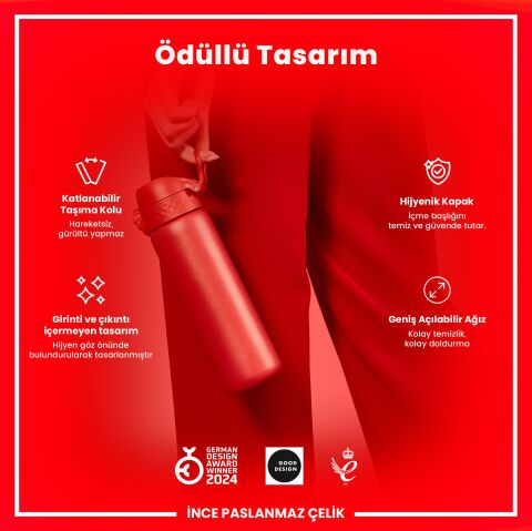 Ion8 - Paslanmaz Çelik İnce Suluk - Kırmızı - 600 ml - Sızdırmaz