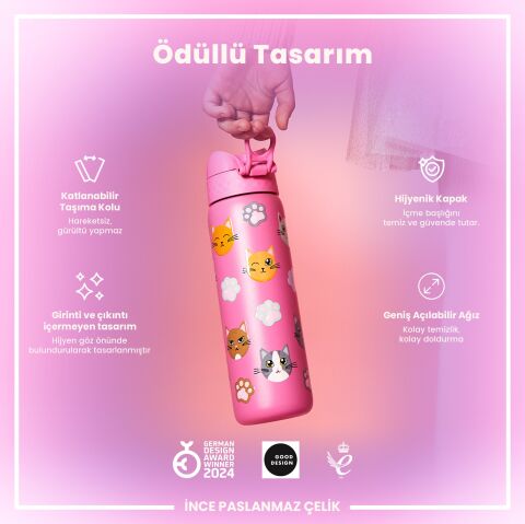Ion8 - Paslanmaz Çelik İnce Suluk - Kediler - 600 ml - Sızdırmaz