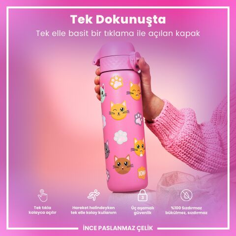 Ion8 - Paslanmaz Çelik İnce Suluk - Kediler - 600 ml - Sızdırmaz