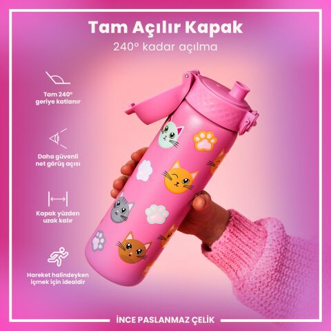 Ion8 - Paslanmaz Çelik İnce Suluk - Kediler - 600 ml - Sızdırmaz